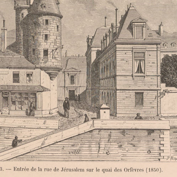 Hoffbauer, "Entrée de la rue de Jérusalem sur le quai des Orfèvres (1850)." (1875). Paris: Capital of the 19th Century. Brown Digital Repository. Brown University Library. https://repository.library.brown.edu/studio/item/bdr:86709/